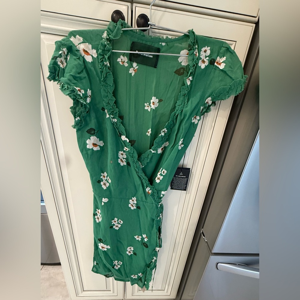 Reformation-Green Floral tie wrap Midi Dress
